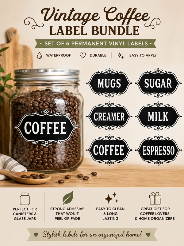 Set Of 6 Permanent Vinyl Vintage Coffee Labels