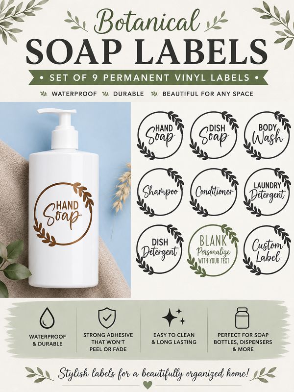 Set Of 9 Permanent Vinyl Botanical Soap Labels