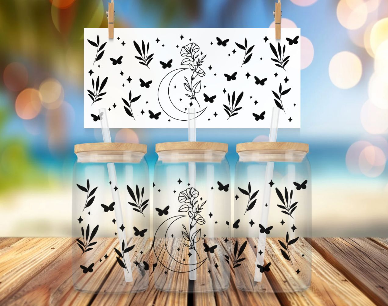 Libbey Glass Can Vinyl Wrap - Moon &amp; Flowers