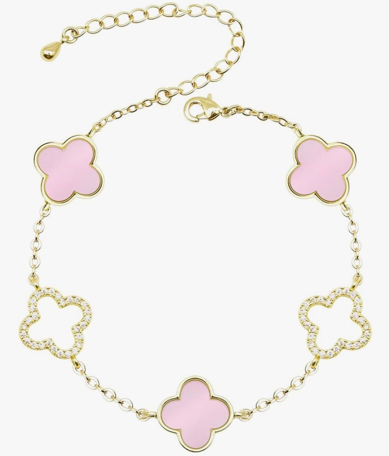 Pink &amp; Hollow Gemstone Clover Adjustable Bracelet