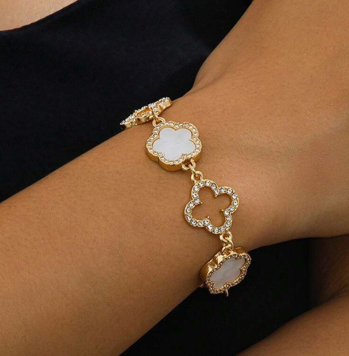 White &amp; Hollow Gemstone Clover Adjustable Bracelet