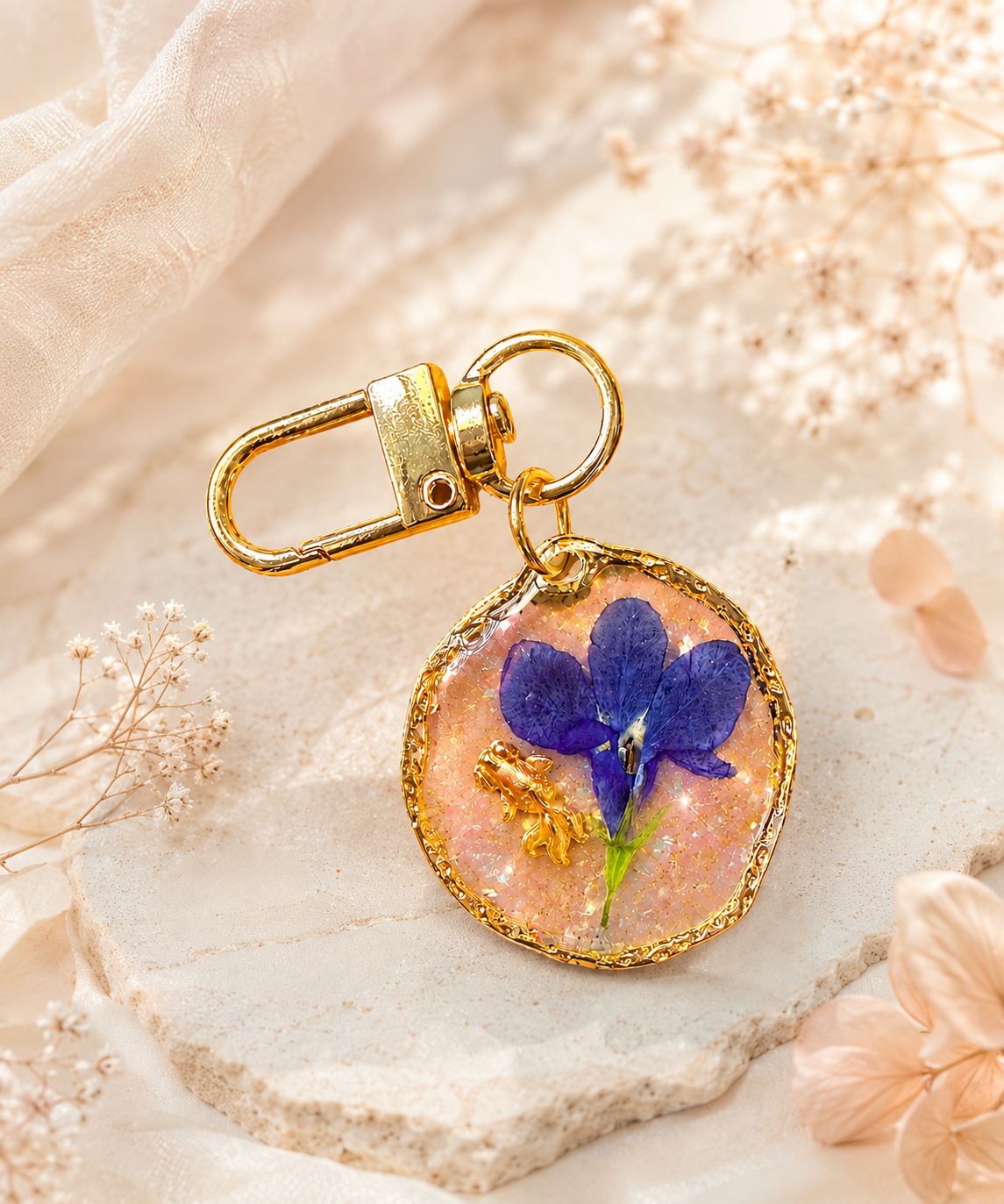 Violet Wishes Dried Flower Charm Keychain