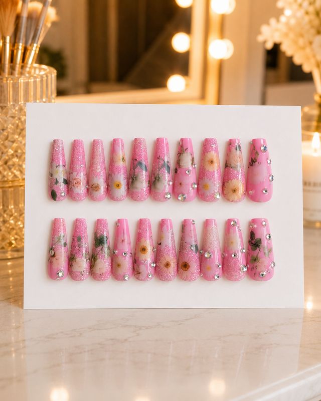 Blush Blossom Sparkle Custom Press-On Nails
