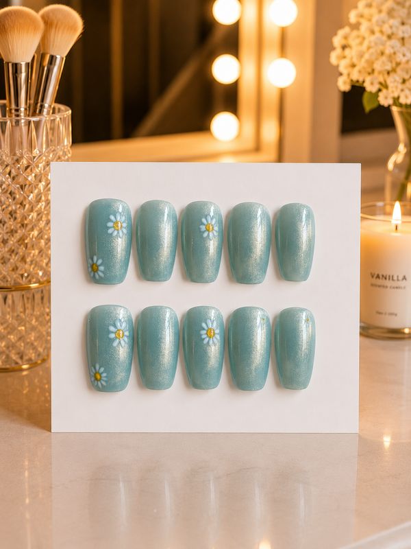 Seafoam Daisies Custom Press-On Nails