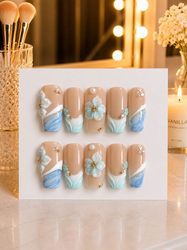 Seaside Blossom Custom Press-On Nails