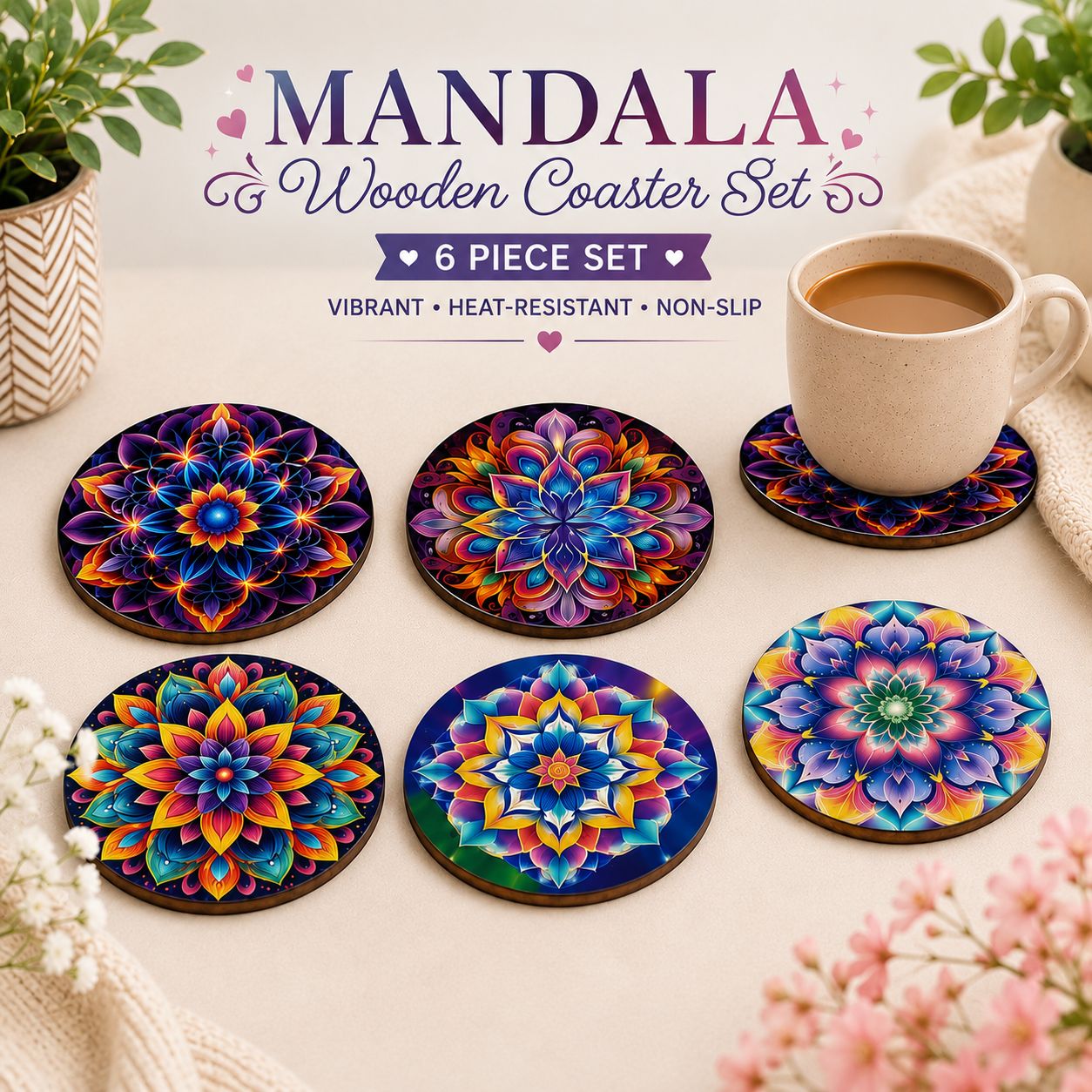 Radiant Mandala Wooden Coaster Set