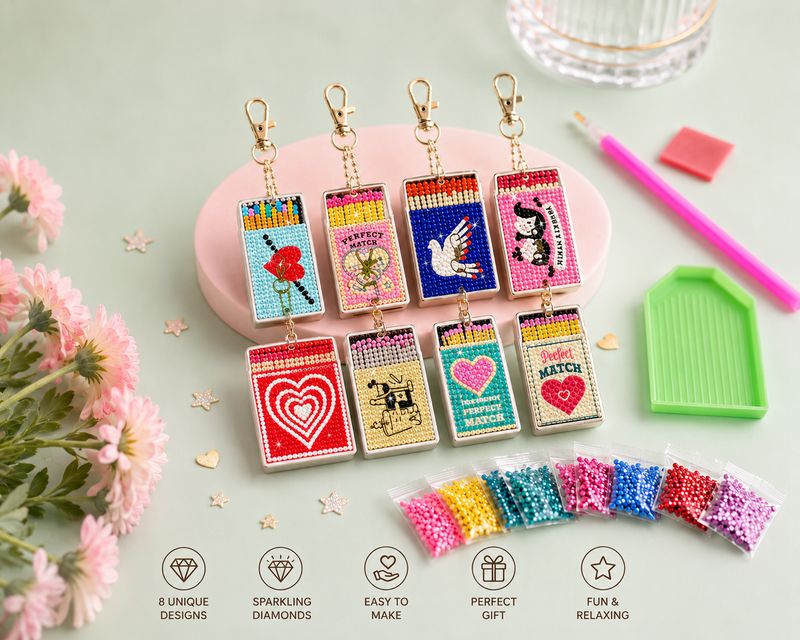 Perfect Match Diamond Art Keychain Kit – 8 Piece Collection
