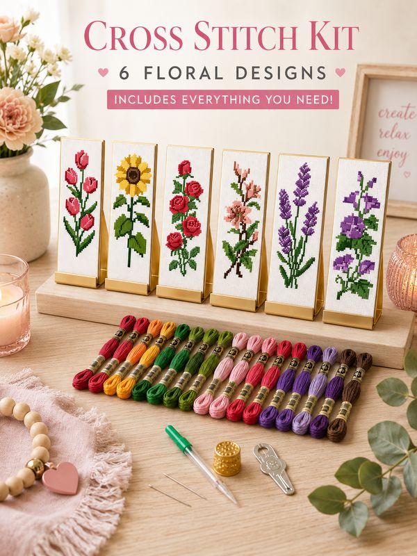 Blooming Botanicals Cross Stitch Kit Set – 6 Floral Designs with Accessories