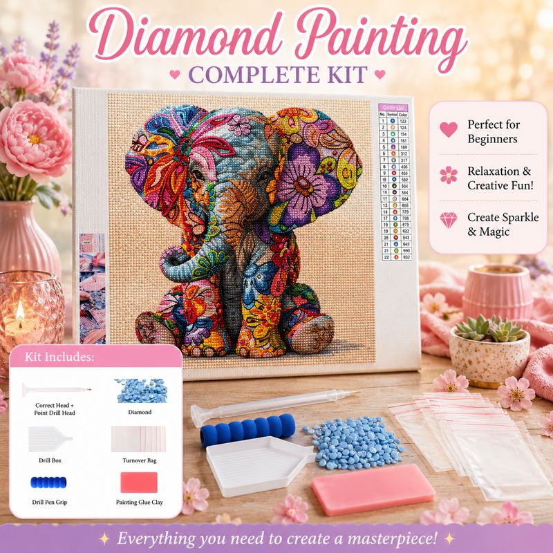 Whimsical Floral Elephant Diamond Painting Kit – Full Drill DIY Art Craft