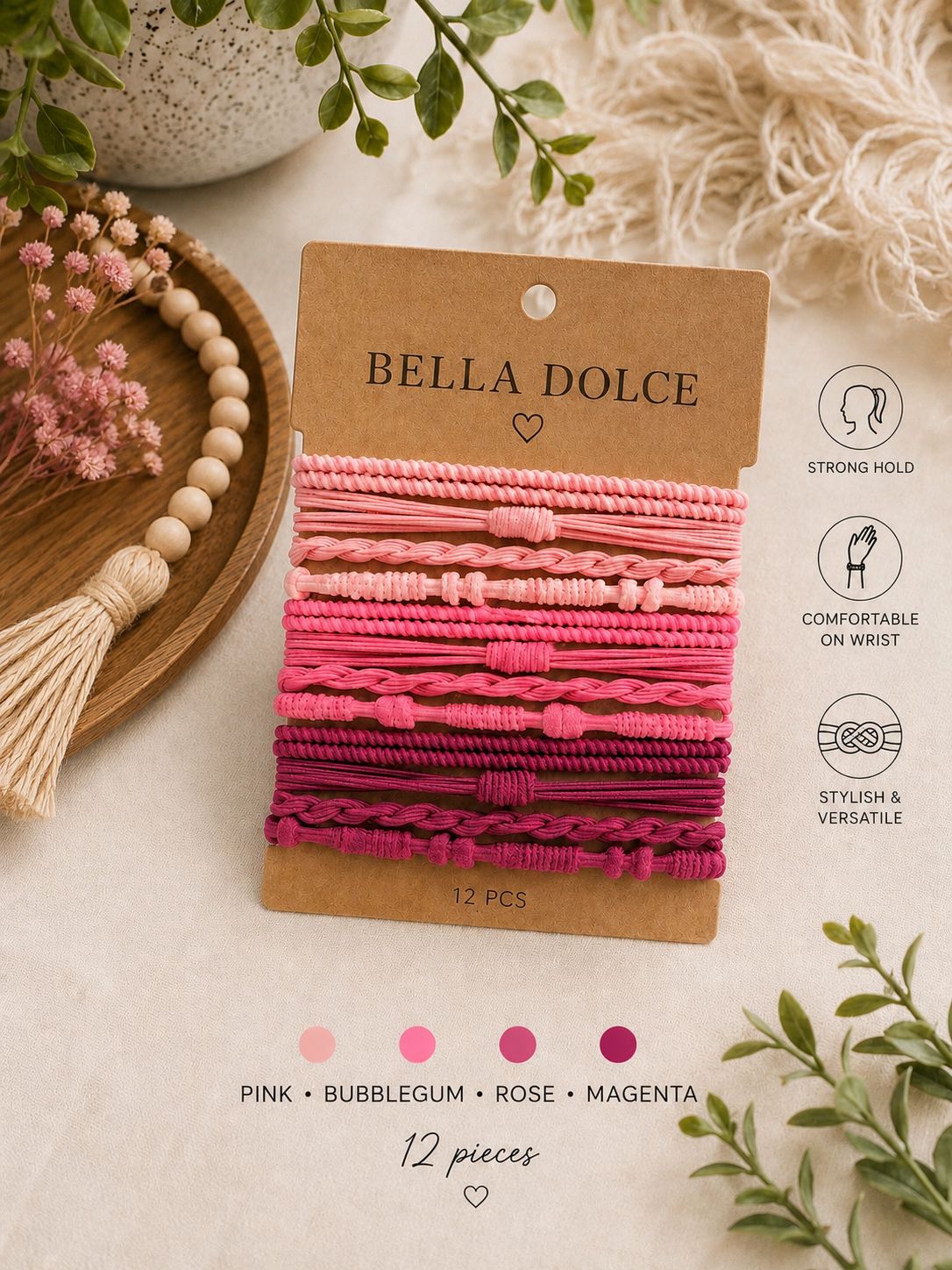 Boho Hair Tie Bracelet Set | 12-Piece Pink