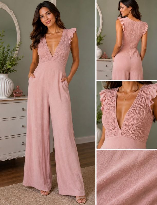 Dusty Blush Linen Blend V-Neck Wide-Leg Jumpsuit