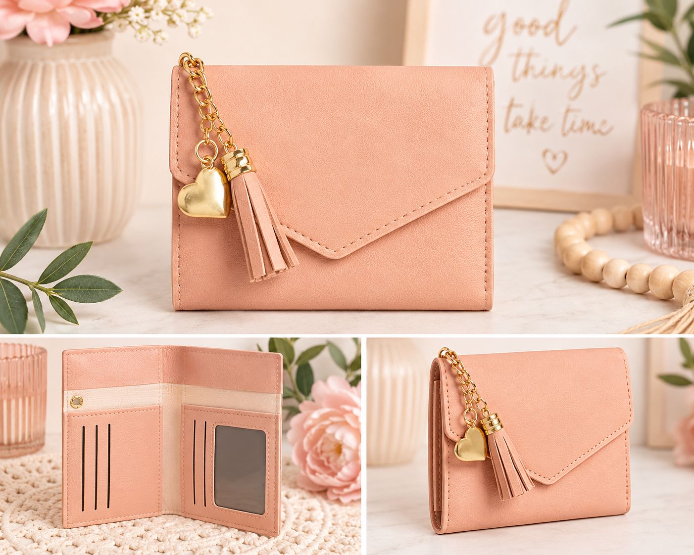 Blush Heart &amp; Tassel Compact Wallet