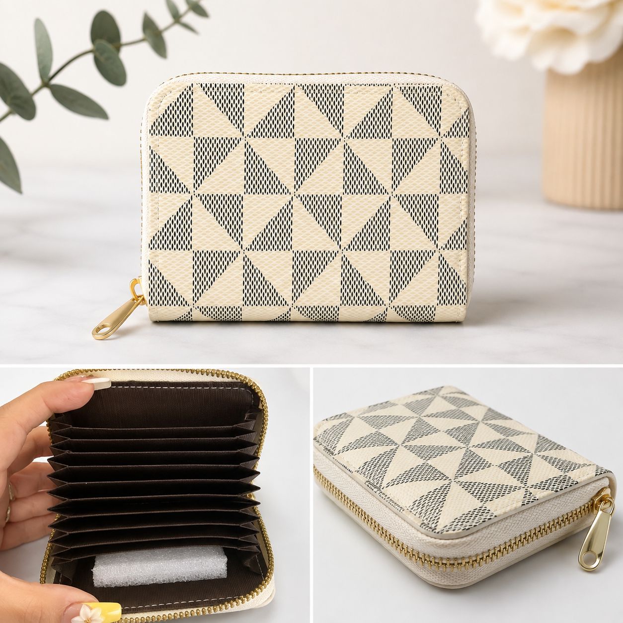 Geometric Print Accordion Card Holder Wallet – Cream &amp; Black