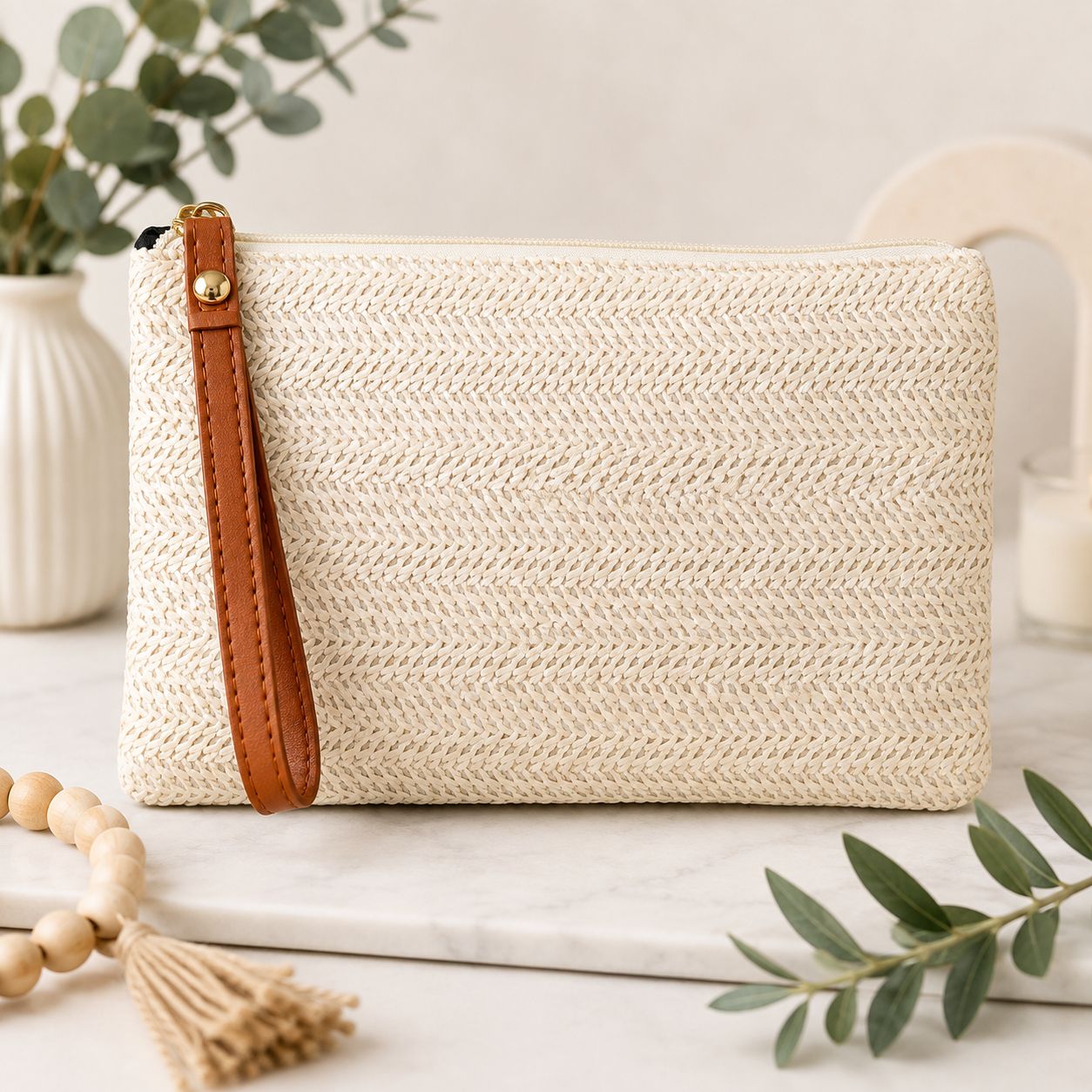 Coastal Chic Woven Wristlet Clutch – Cream &amp; Tan