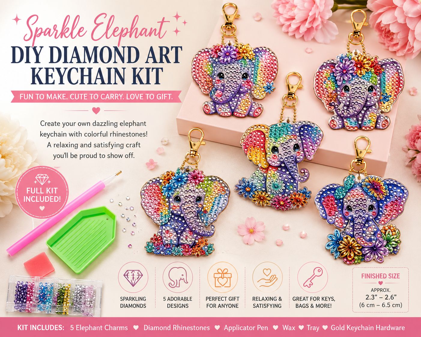 Sparkle Elephant DIY Diamond Art Keychain Kit