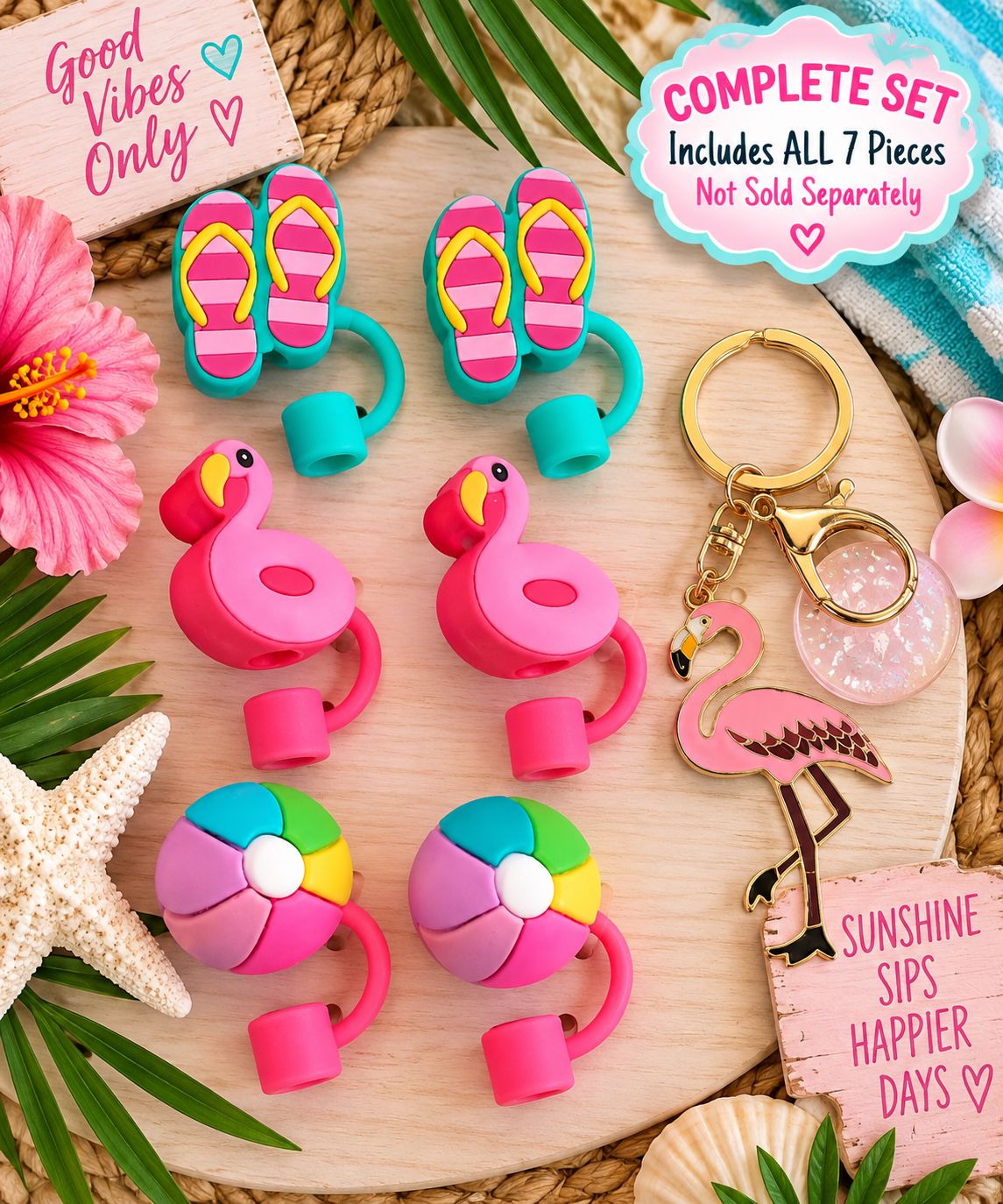 Flamingo Beach Day Straw Topper &amp; Keychain Set