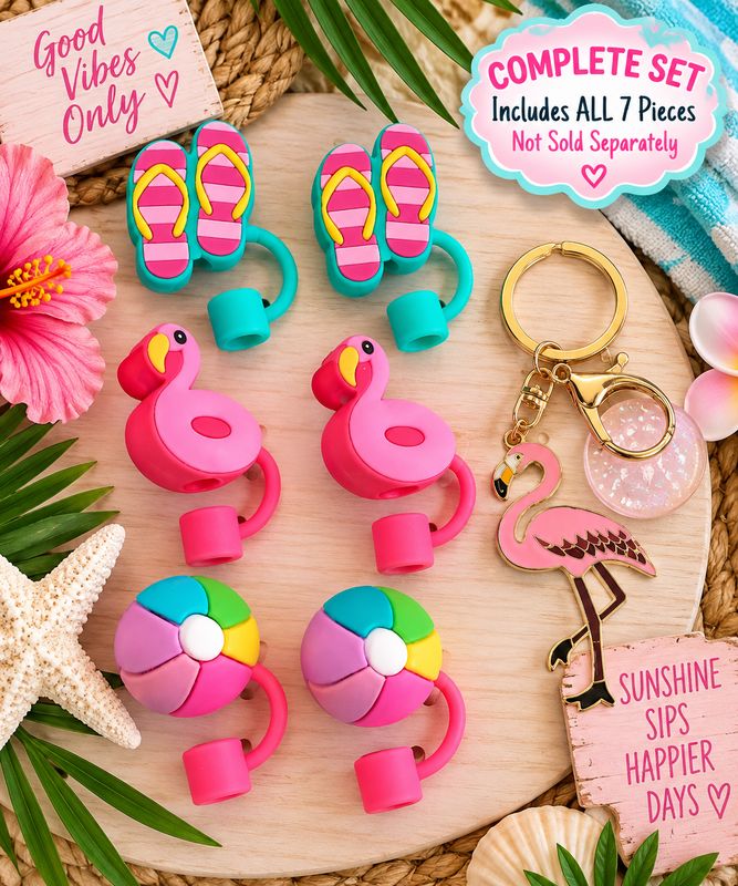 Flamingo Beach Day Straw Topper &amp; Keychain Set