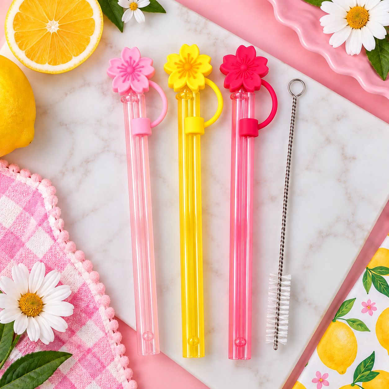Floral Straw Topper Set with Reusable Straws &amp; Cleaning Brush