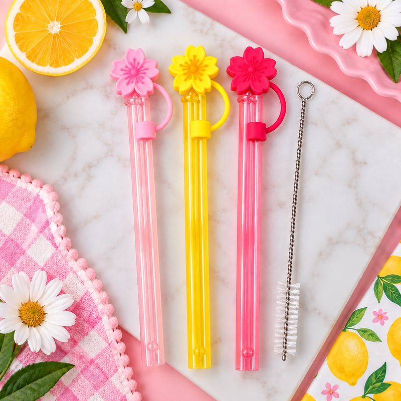 Floral Straw Topper Set with Reusable Straws &amp; Cleaning Brush