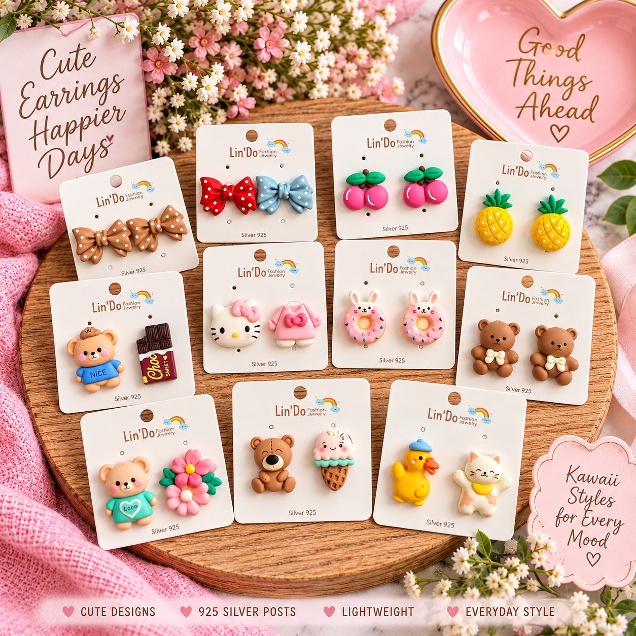 Kawaii Resin Stud Earring Set – 2 Pair • 925 Silver Posts • Assorted Cute Designs