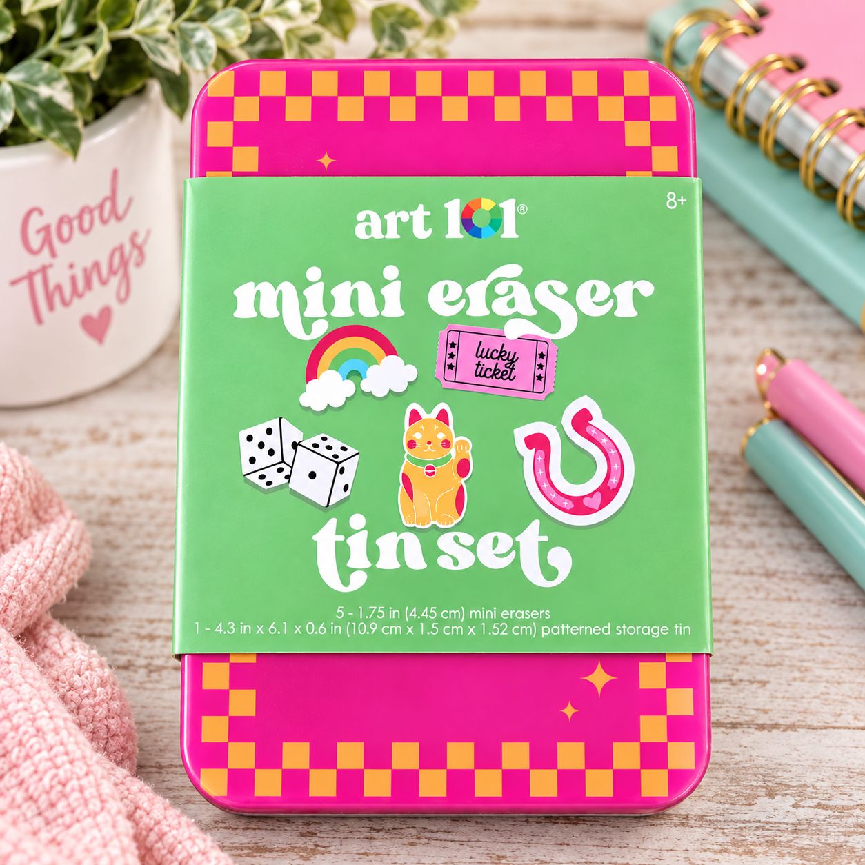 Mini Eraser Tin Set – 5 Cute Lucky-Themed Erasers