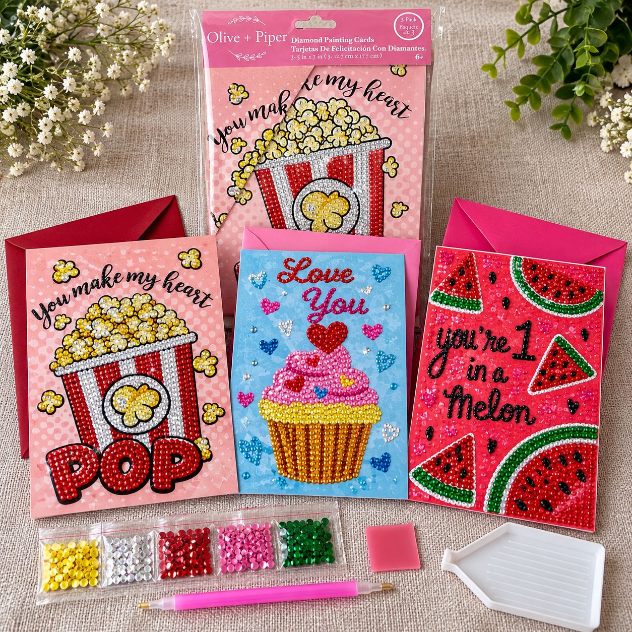 Olive + Piper Diamond Painting Greeting Card Kit – 3 Pack DIY Craft Set
