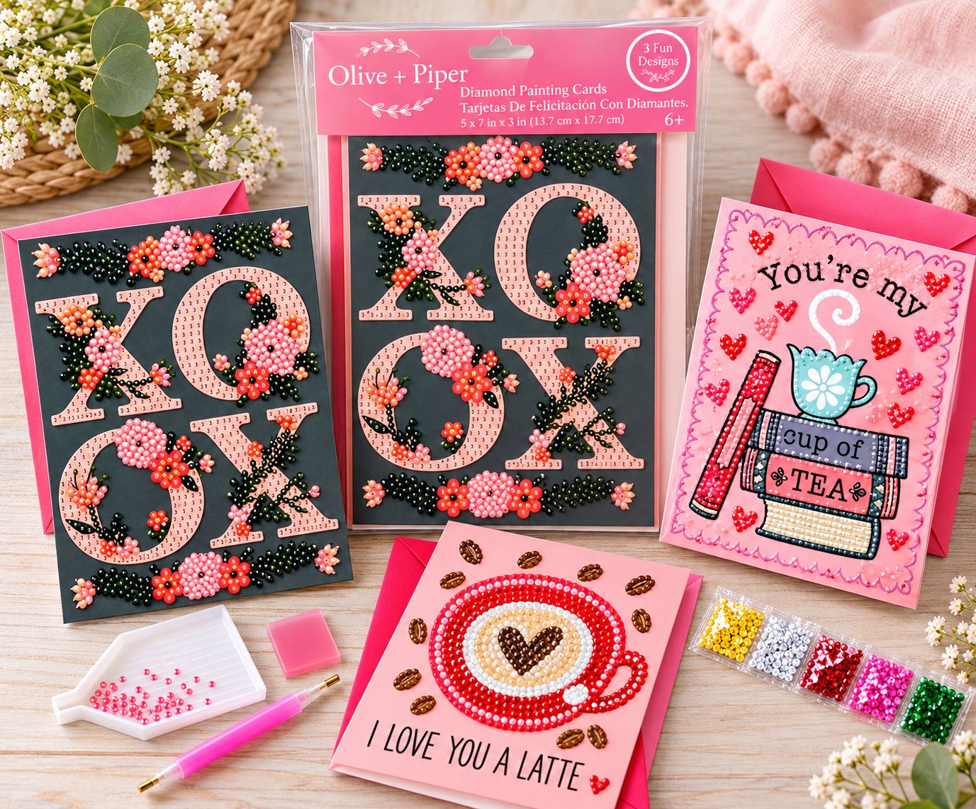 Olive + Piper XOXO Diamond Painting Greeting Card Kit – 3 Pack DIY Craft Set