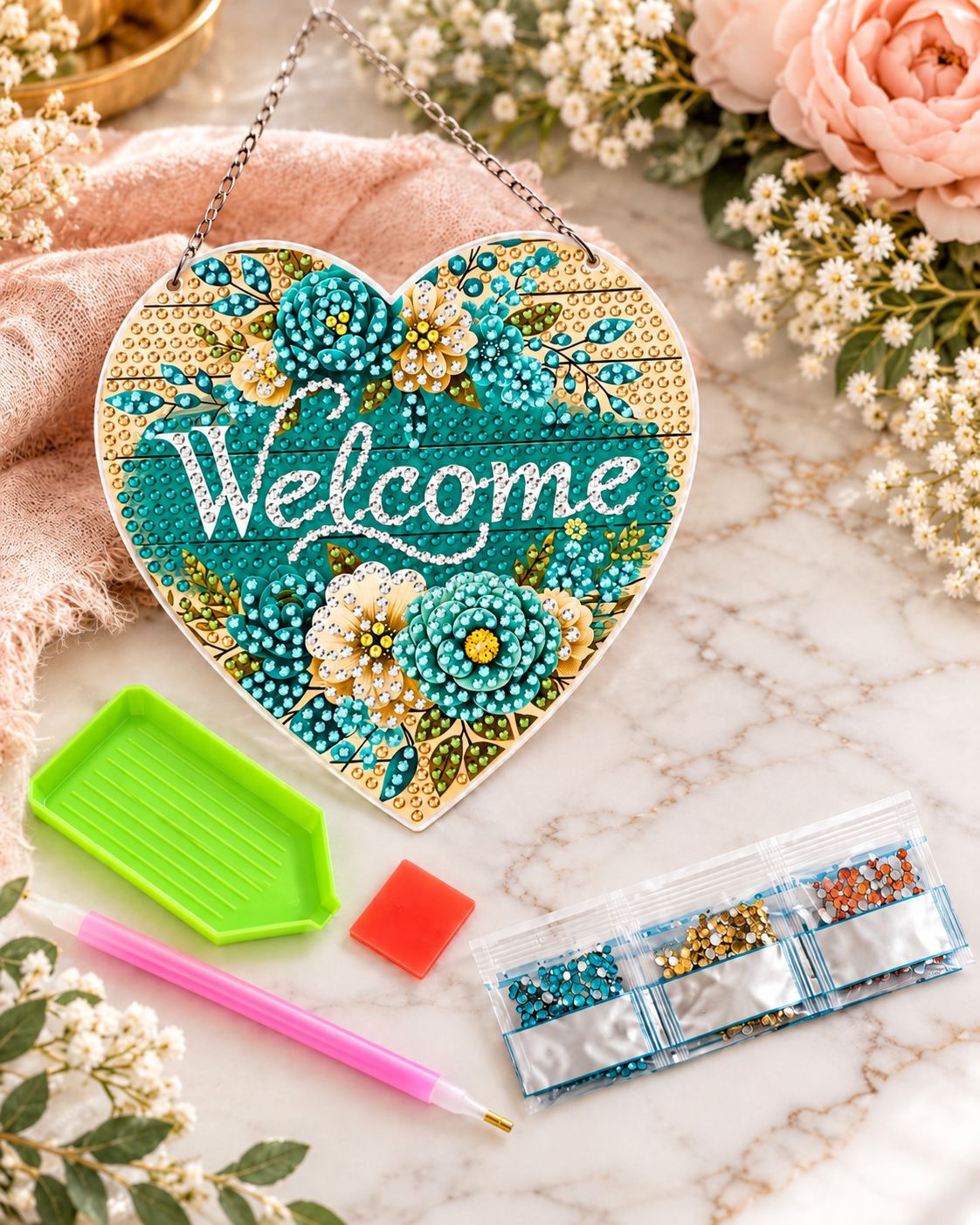 Floral Heart  Welcome Diamond Art Hanging Kit