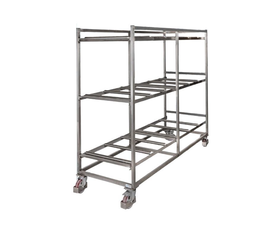Struttura inox a tre livelli per feretri con rulli Struttura inox a tre livelli per feretri con rulli