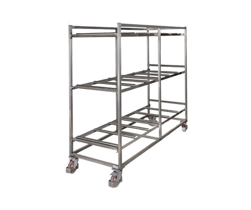 Struttura inox a tre livelli per feretri con rulli Struttura inox a tre livelli per feretri con rulli