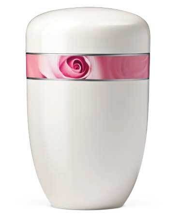 Urna in acciaio verniciato bianca con rosa Urna in acciaio verniciato bianca con rosa