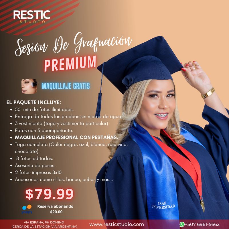 SESIÓN DE GRADUACIÓN (PAQUETE PREMIUM CON OPCIÓN DE ESTUDIO O EXTERIOR)