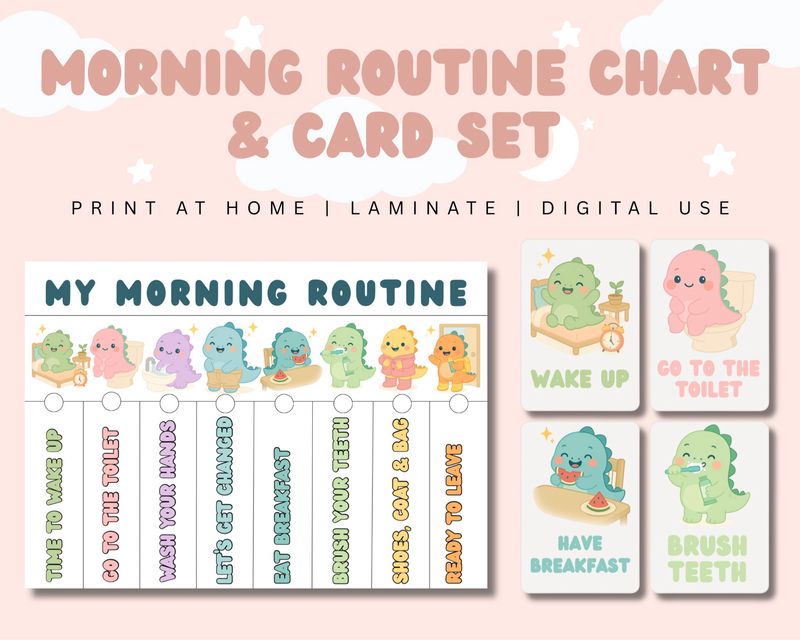 Morning Routine Flashcards &amp; Chart | Dinosaur Themed