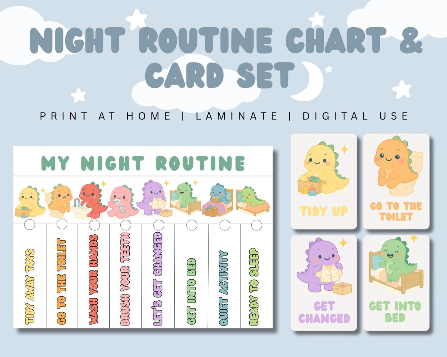 Night Routine Flashcards &amp; Chart | Dinosaur Themed
