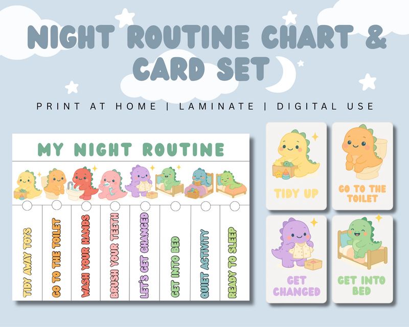 Night Routine Flashcards &amp; Chart | Dinosaur Themed