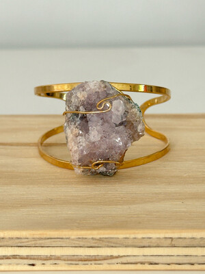 Pink Amethyst Crystal Cluster Gold Bracelet