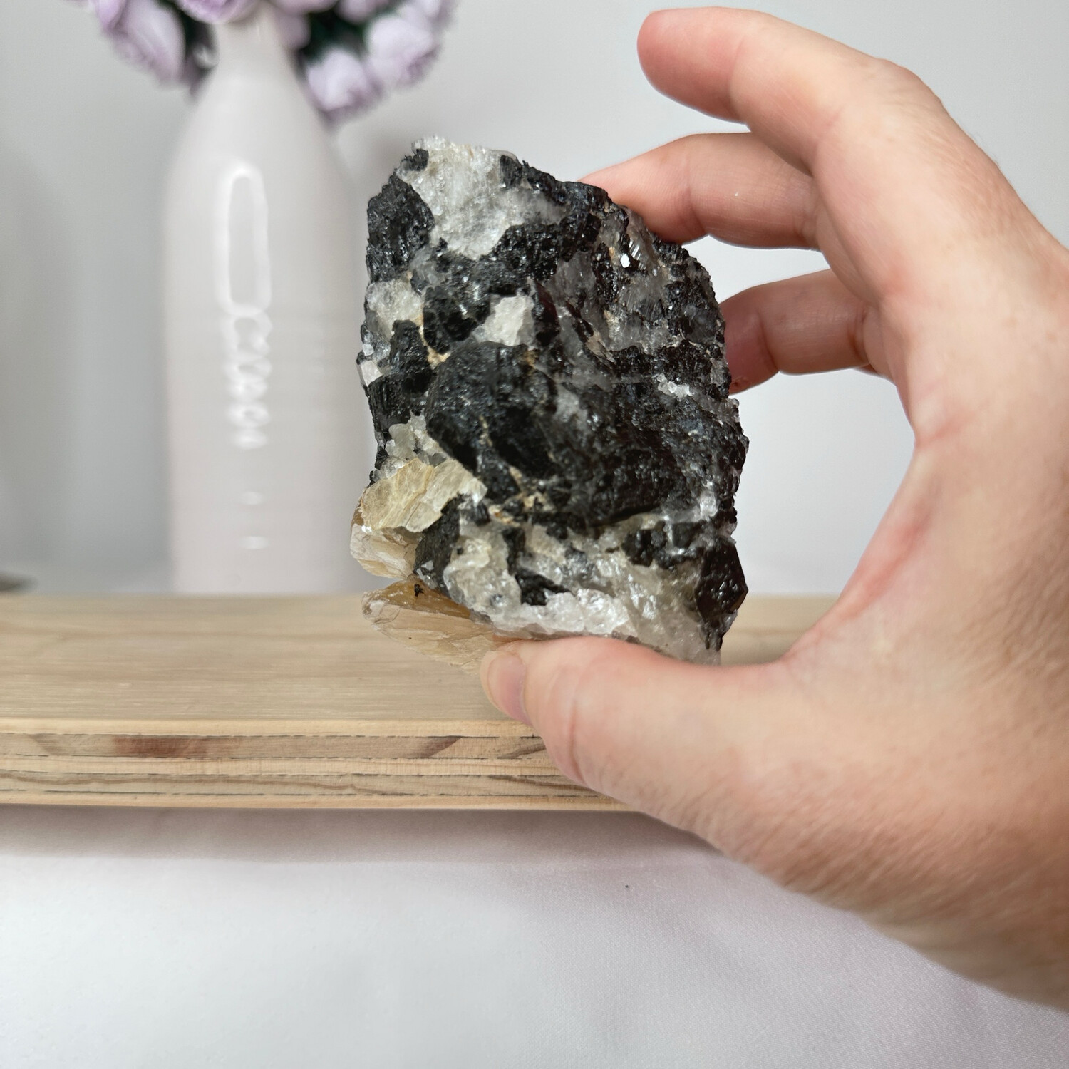 Raw Black Tourmaline with Golden Mica On Matrix