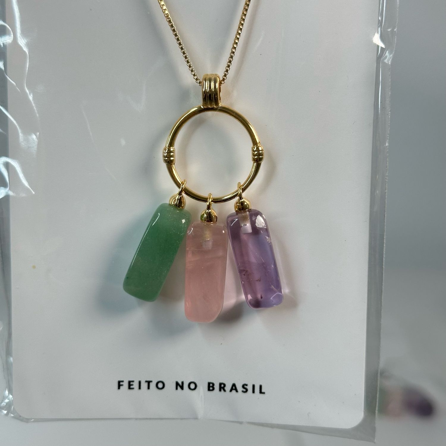 Crystal Amore Necklace With Aventurine, Rose Quartz And Purple Amethyst On Gold Chain