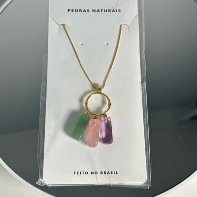 Crystal Amore Necklace With Aventurine, Rose Quartz And Purple Amethyst On Gold Chain