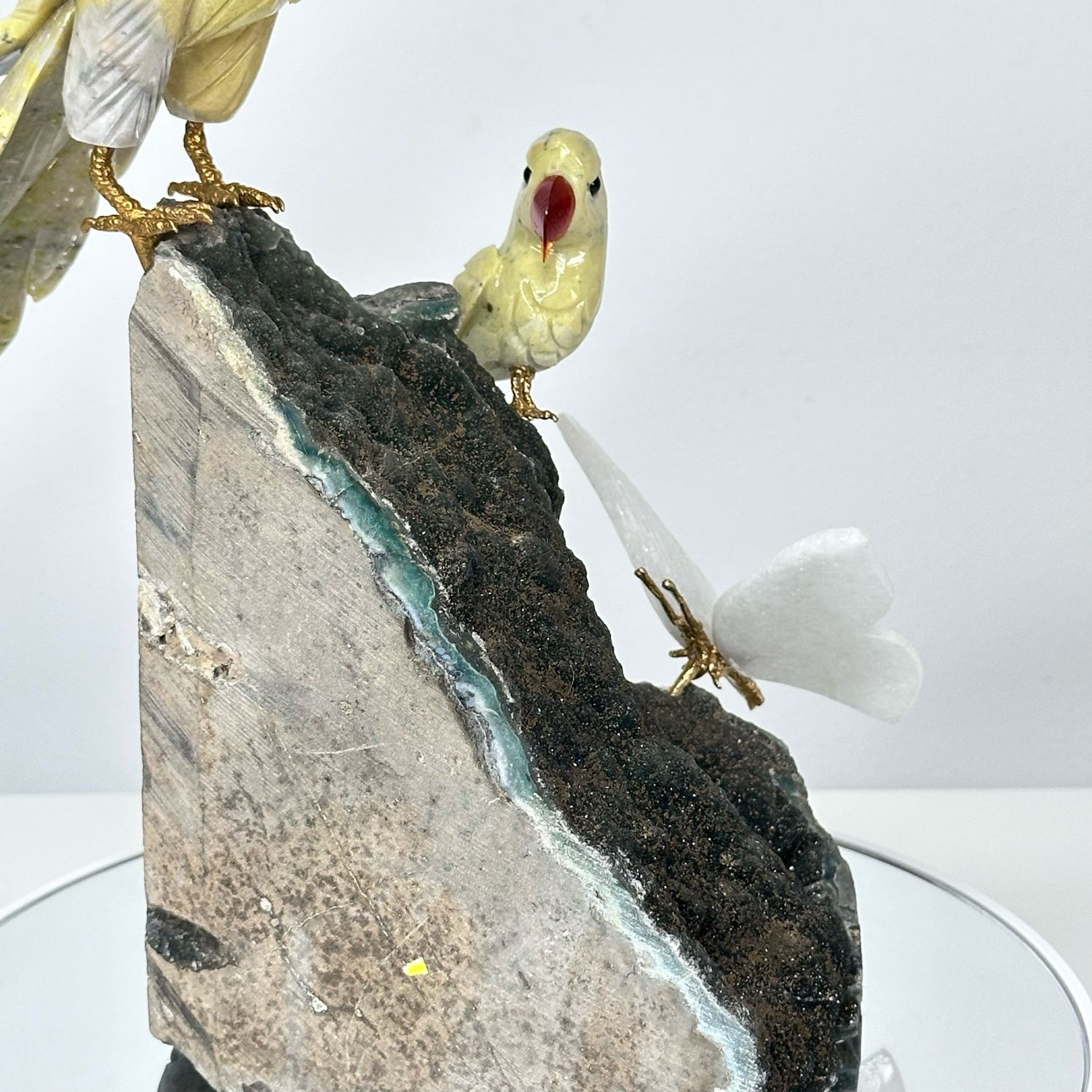 Black Amethyst And Emerald Crystal With Handmade Jade Birds And Crystal Butterfly