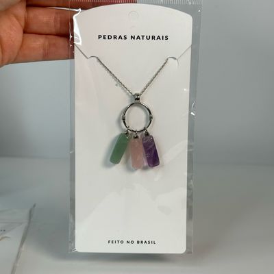 Crystal Amore Necklace With Aventurine,Rose Quartz And Purple Amethyst On Silver Ring Chain