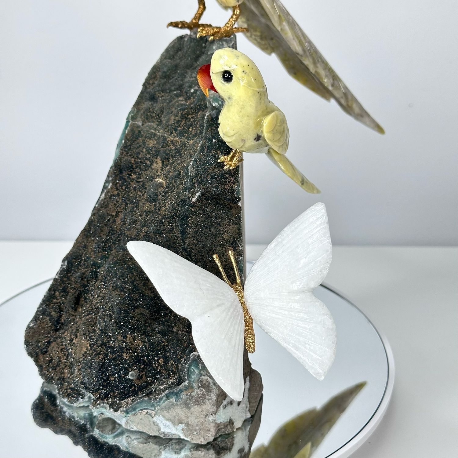 Black Amethyst And Emerald Crystal With Handmade Jade Birds And Crystal Butterfly