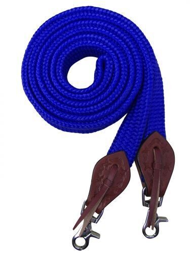 Flat Cotton Roping/Barrel Reins With Tooled Slobber Straps, Color: Royal Blue