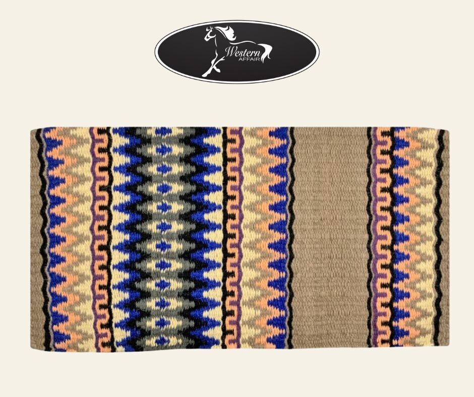 Tan Cream &amp; Blue Woven Wool Saddle Blanket