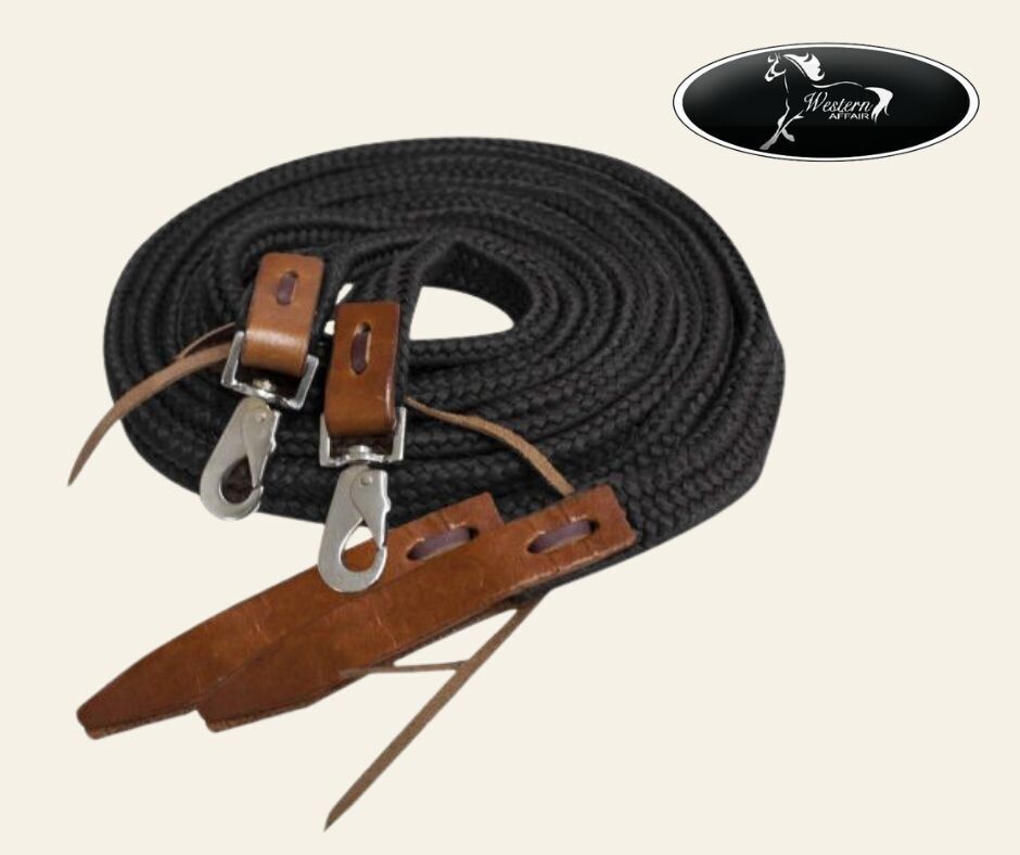 8ft Flat Braided Nylon Split Reins, Colour: Black
