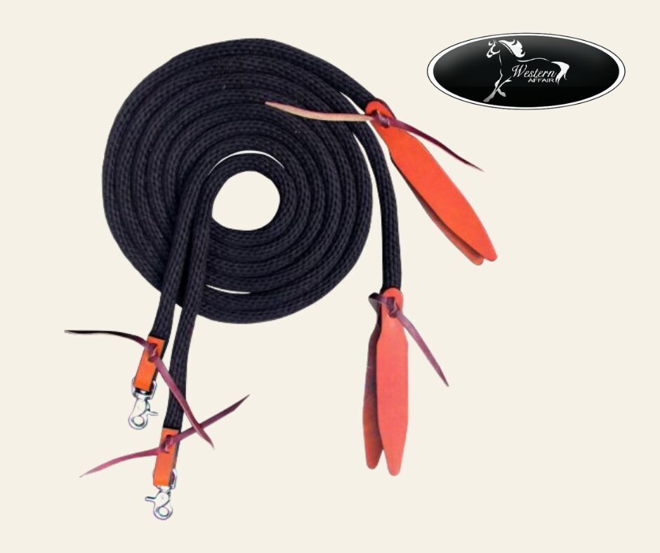 8ft Round Braided Rope Split Reins, Colour: Black