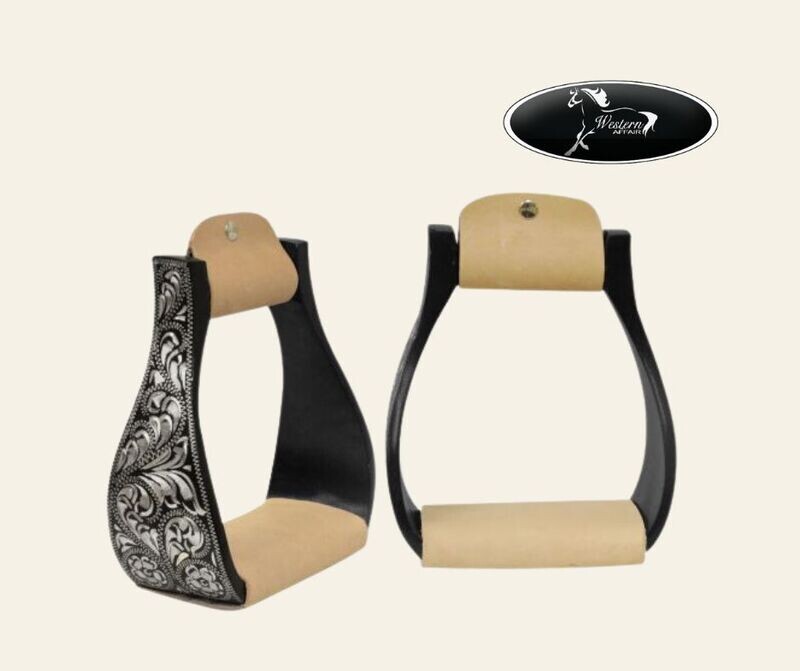 Black Aluminum Floral Engraved Stirrups