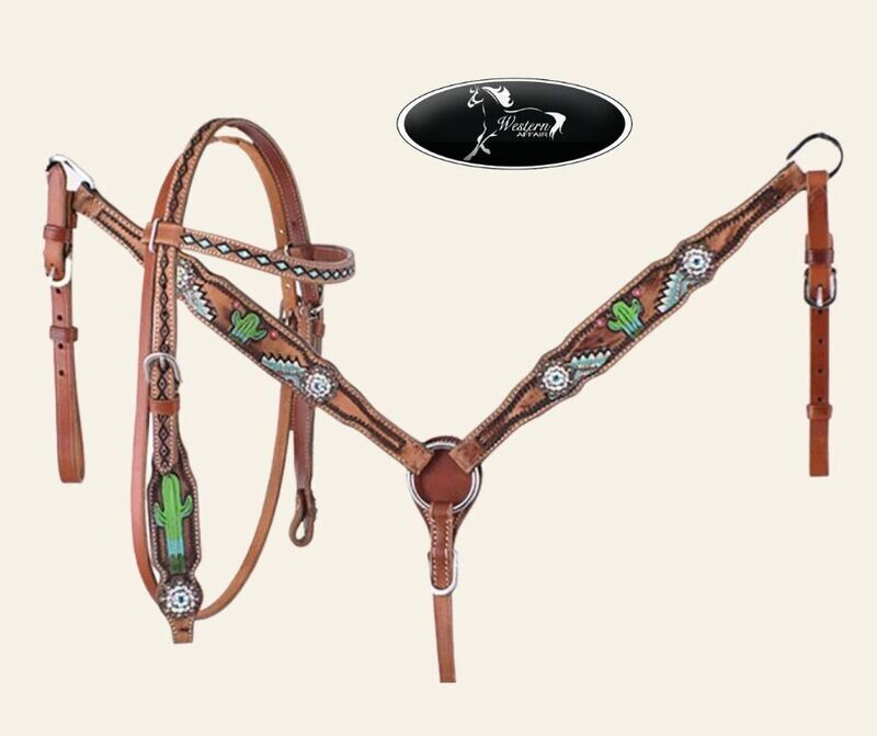 Pony Size Leather Matching Set with Hand Painted Cactus