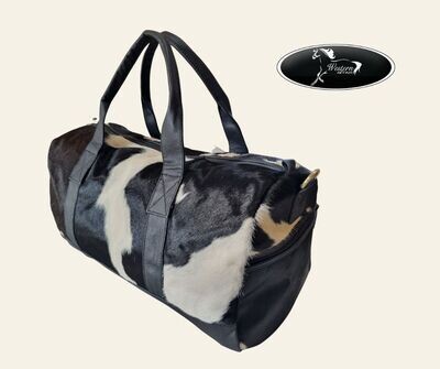 White & Black Cowhide Duffel Bag