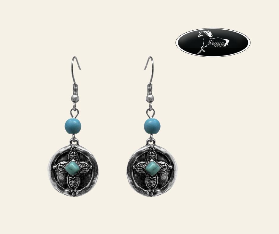 ​Silver Cross Earrings with Turquoise Accents